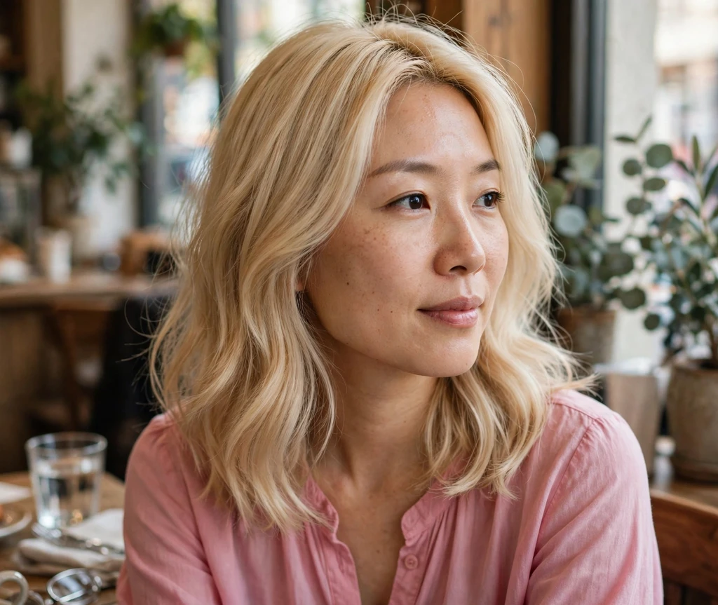 Creamy honey blonde lob haircut with smooth finish