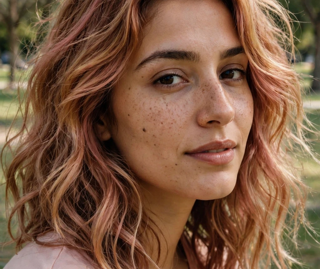 Dark strawberry blonde hair with warm pinkish tones