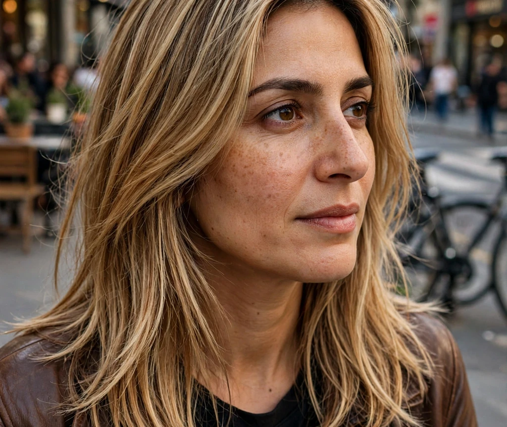 Caramel drizzle highlights on medium blonde layered hair