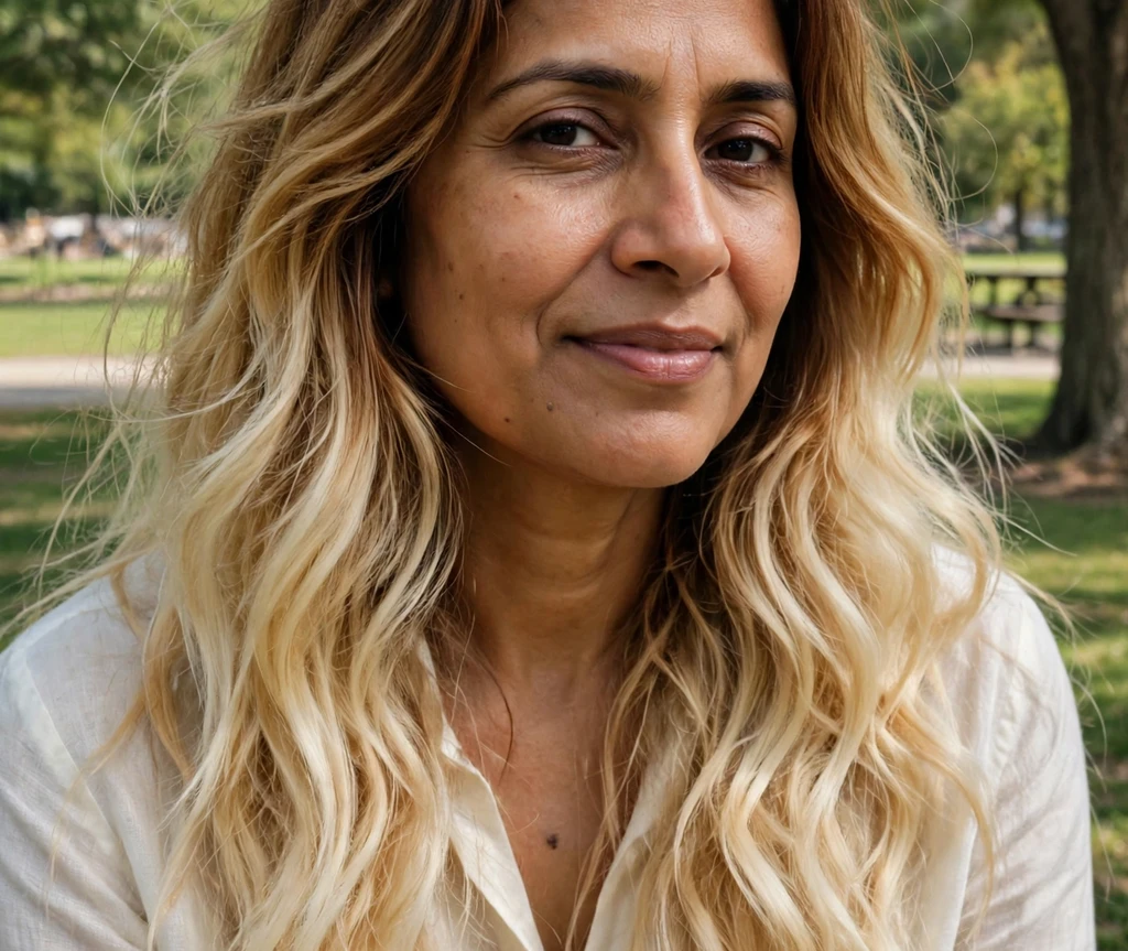 Honey vanilla melt hair color on a woman outdoors