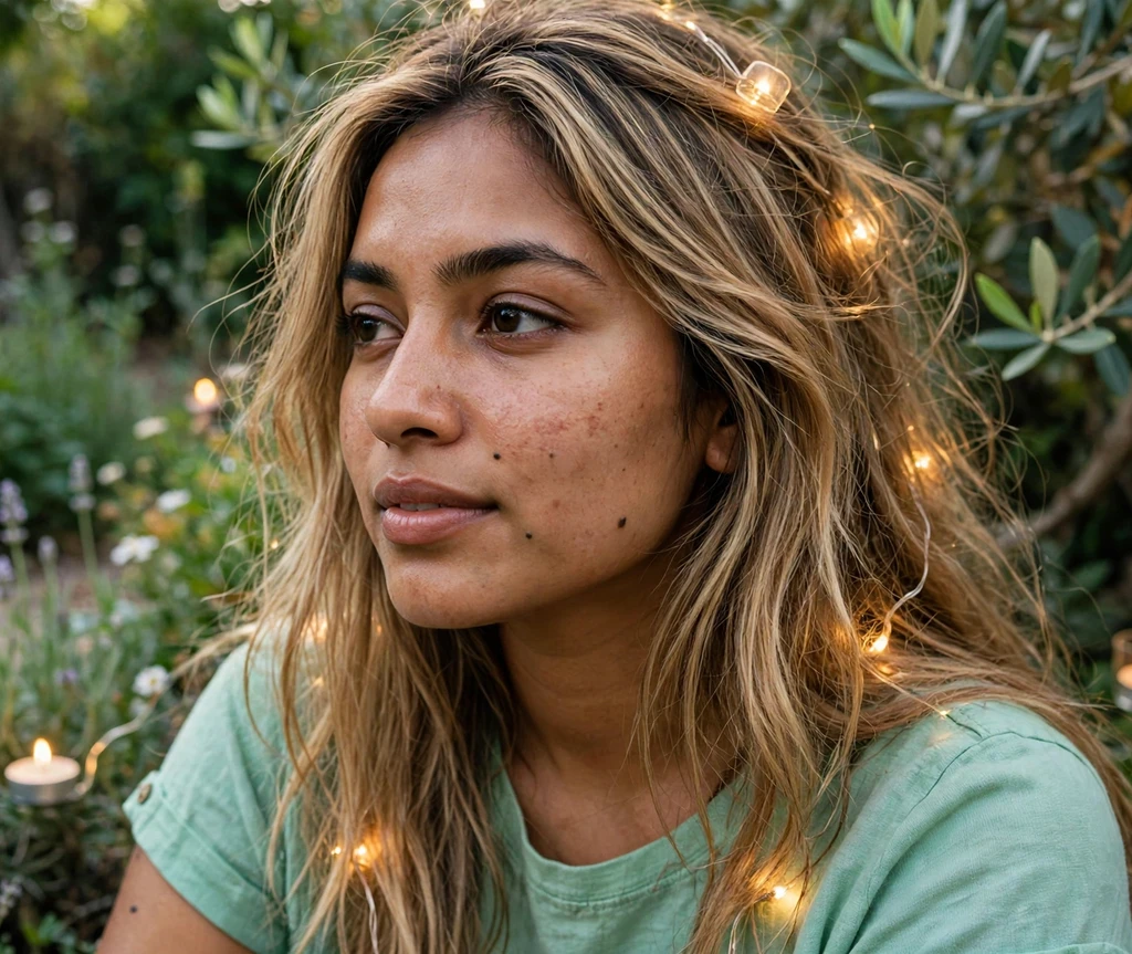 Honey tea lights woven through medium blonde hair