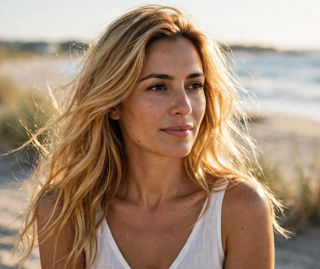 Sunlit golden finish on medium blonde hair outdoors