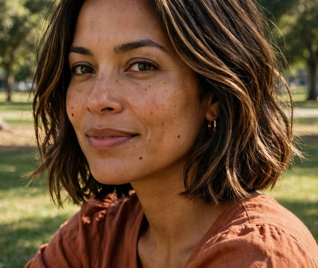 Caramel-highlighted dark brown medium bob