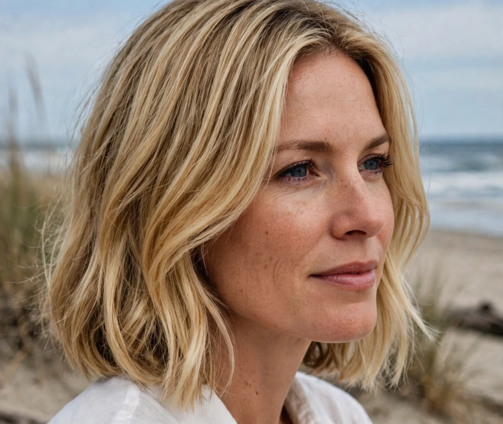 Honey-blonde face-framing medium bob
