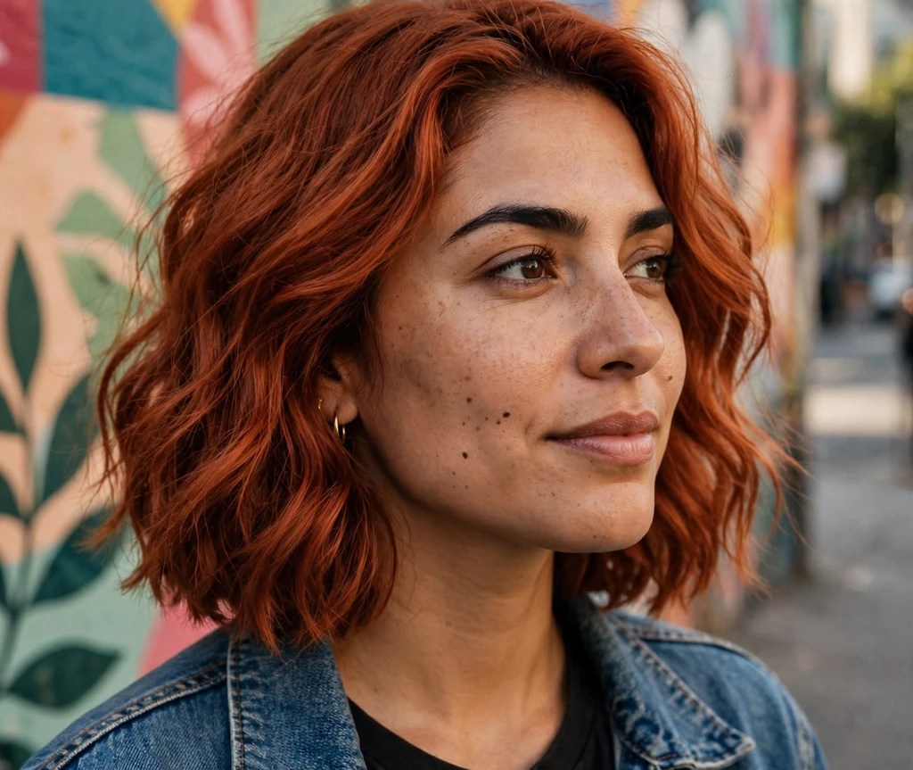 Copper-red wavy medium bob