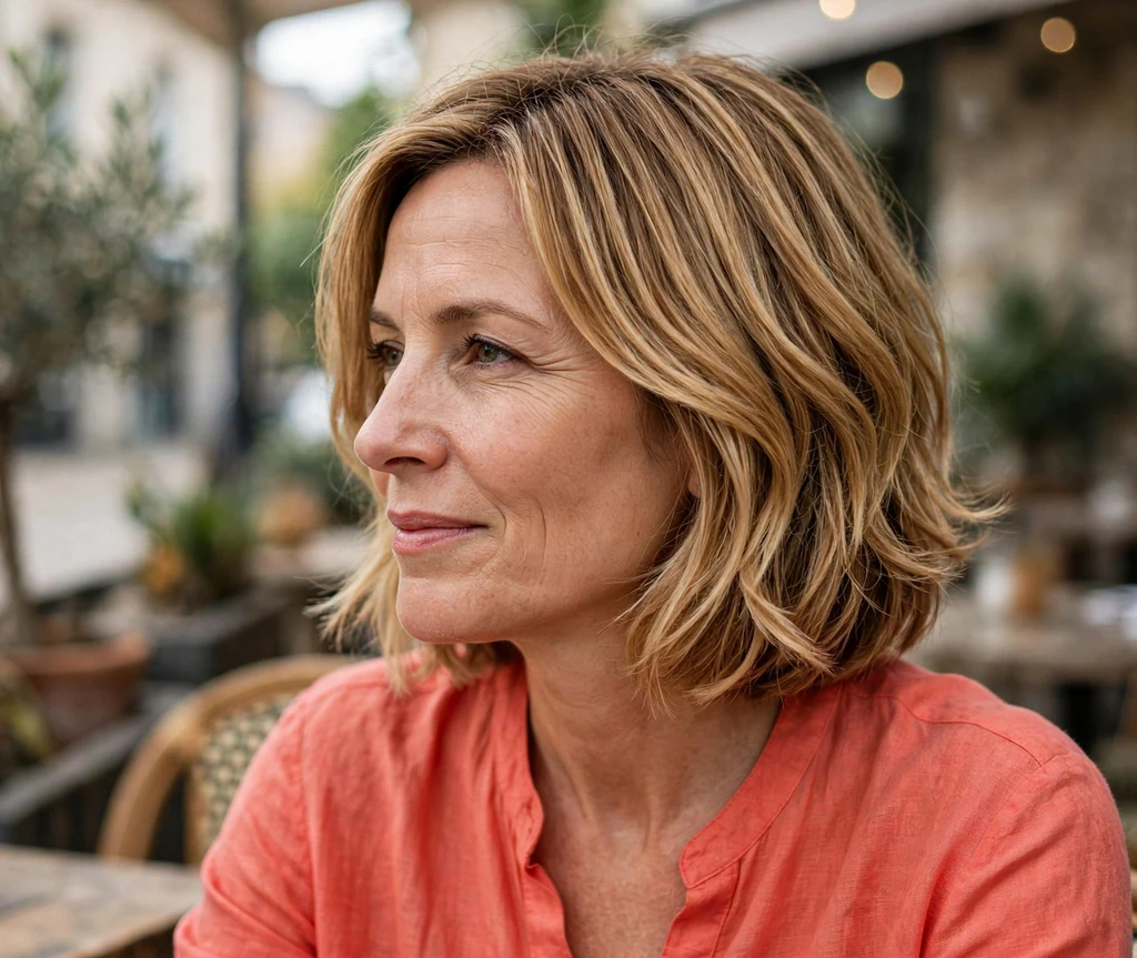 Caramel-blonde layered medium bob