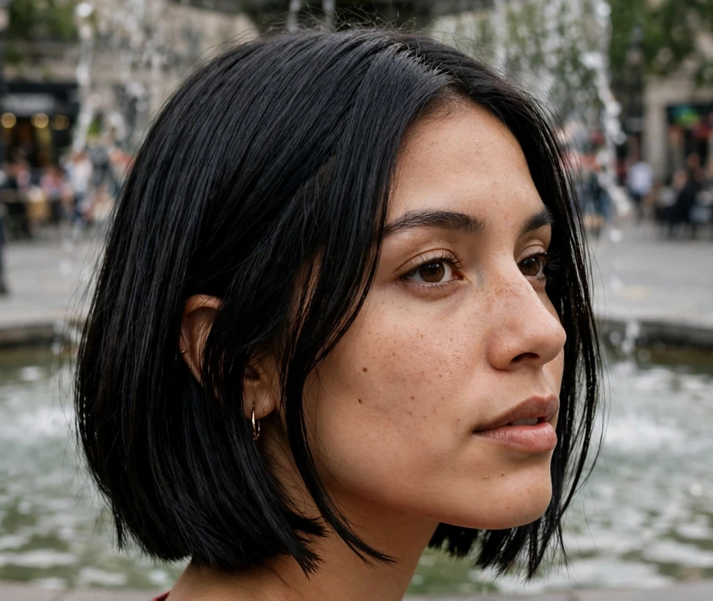 Jet-black razor-cut medium bob