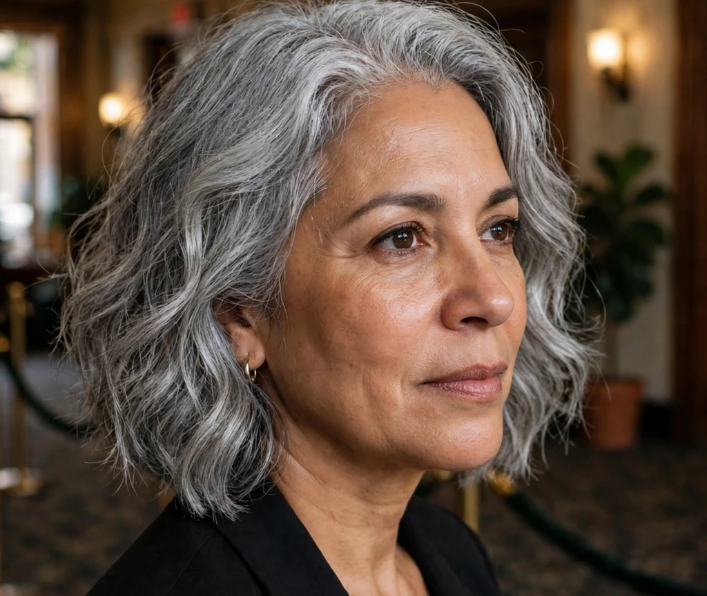 Silver-gray wavy medium bob