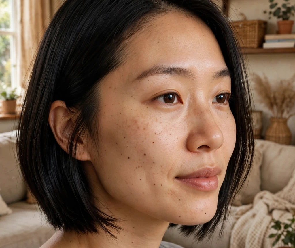 Woman with fine dark brown hair in a layered medium bob with face-framing pieces