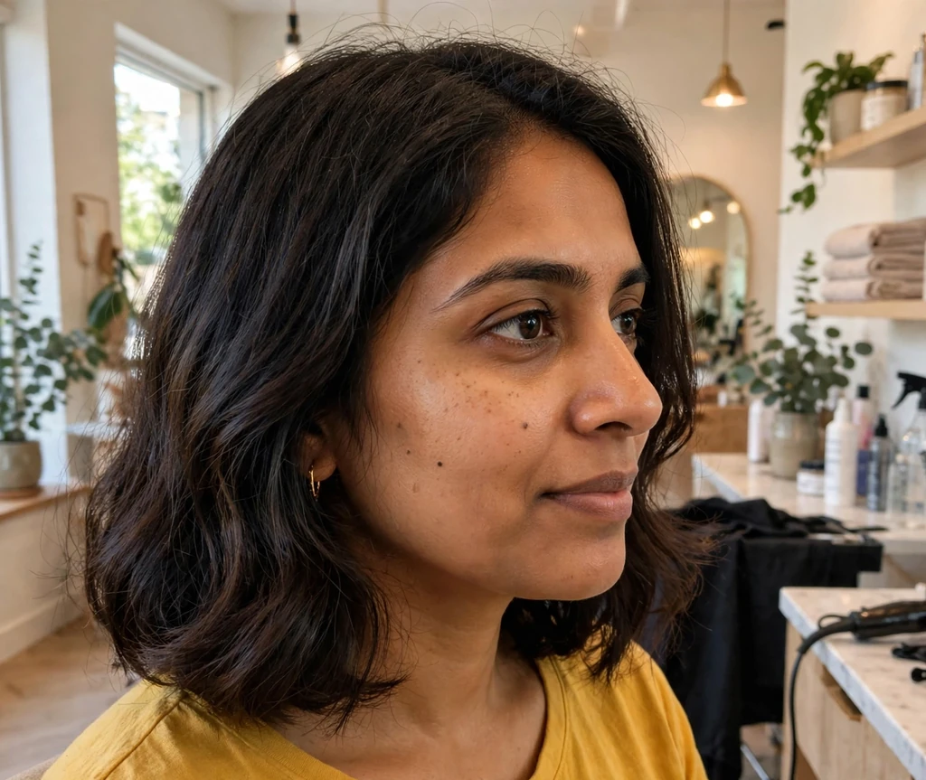 Woman with fine black hair in an angled medium bob with a stacked back