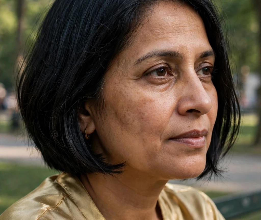 Woman with fine silver gray hair in a wavy medium bob