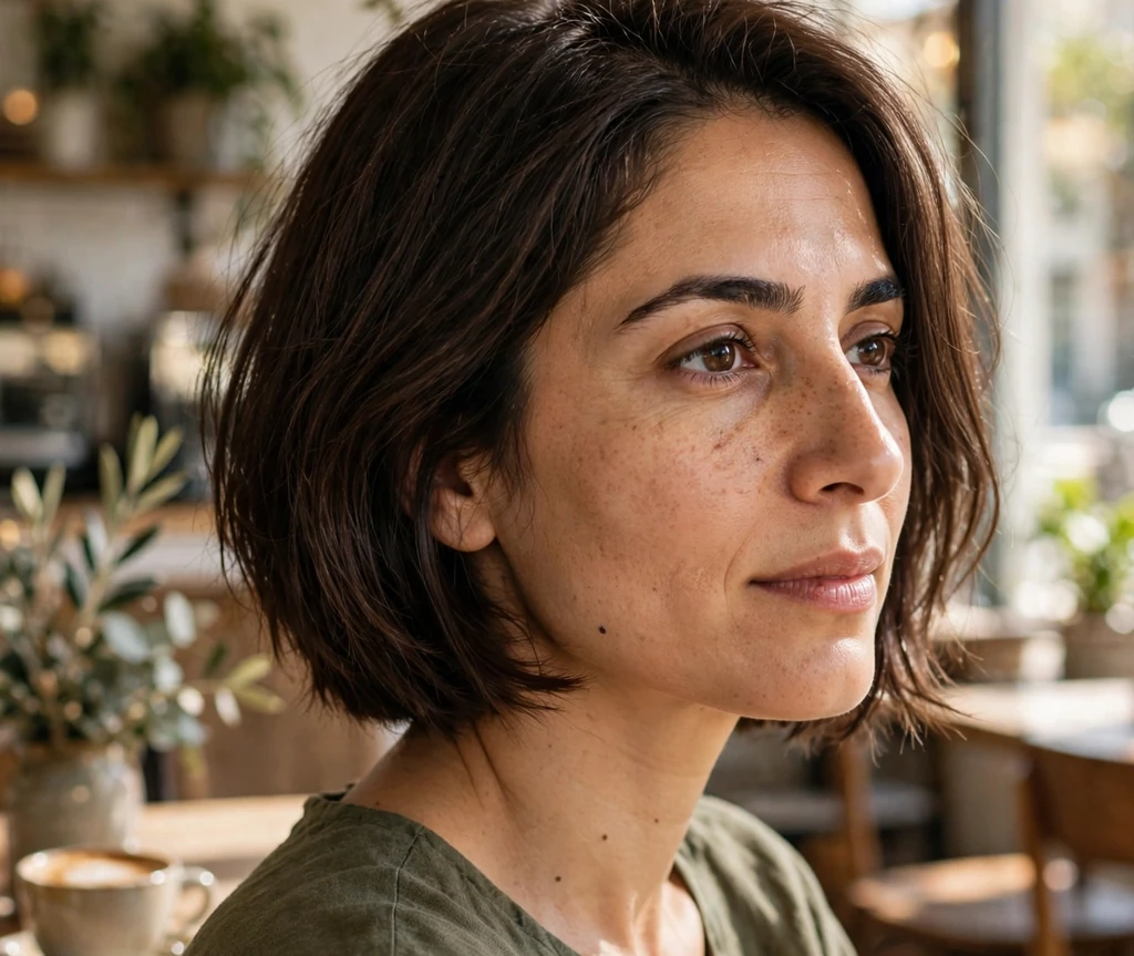 Woman with fine black hair in an inverted medium bob with volume at the crown