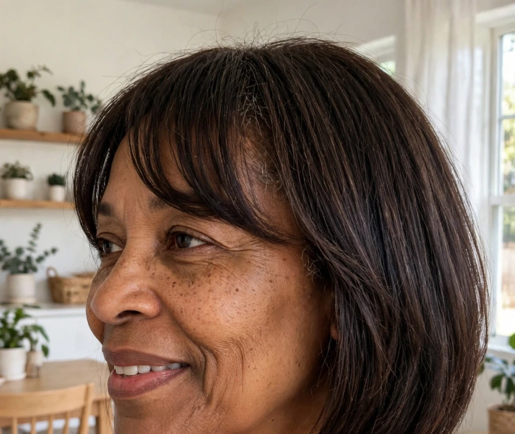 Woman with fine copper hair in a medium bob with airy bangs