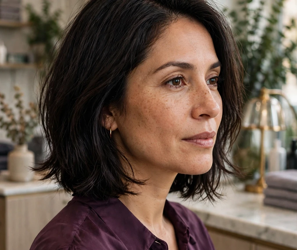Woman with fine dark brown hair in a rounded medium bob with a middle part