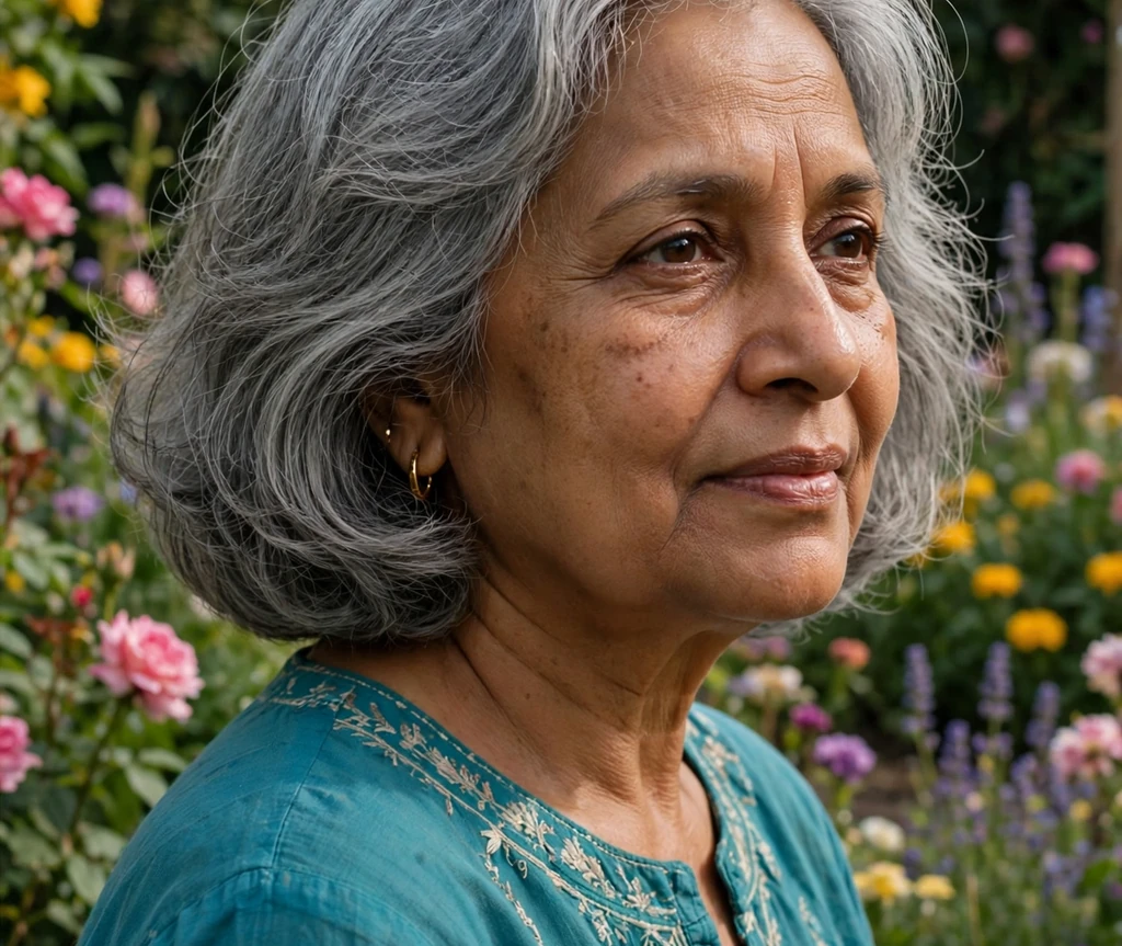 Woman with fine gray hair in a stacked medium bob with side-swept bangs