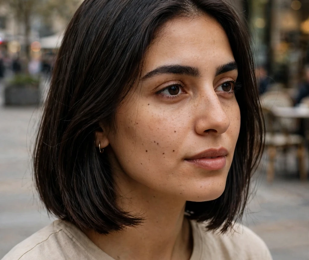 Woman with fine dark brown hair in an A-line medium bob