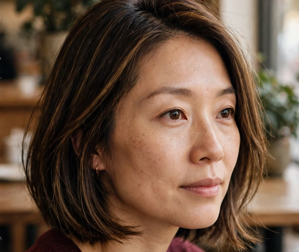 Woman with fine dark brown hair in a curled-under medium bob with full ends