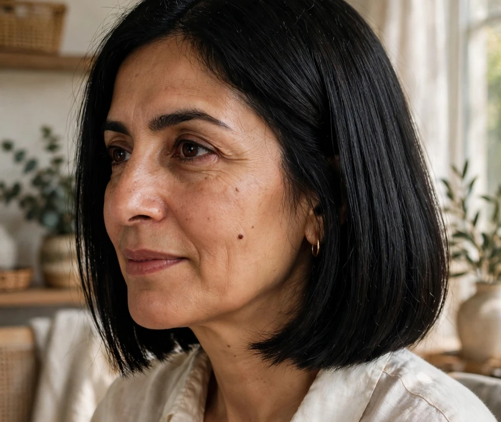 Woman with fine dark brown hair in a shaggy medium bob with curtain fringe