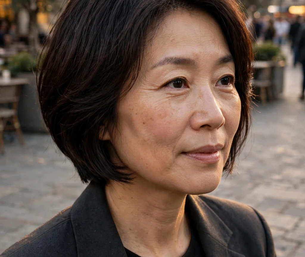 Woman with fine dark brown hair in a chin-skimming bob with flipped ends