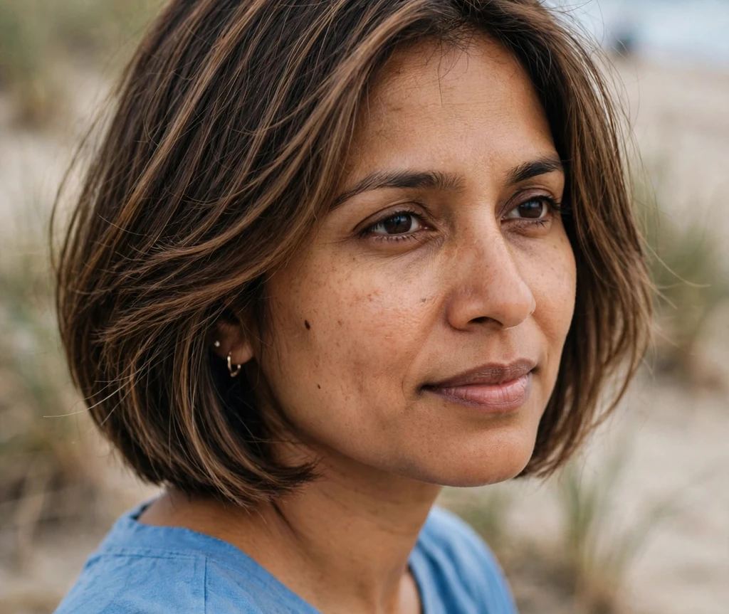 Woman with fine mocha brown hair with highlights in a medium bob