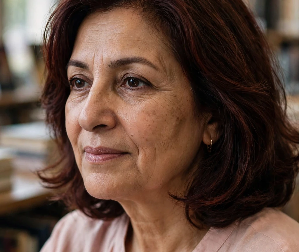 Woman with fine dark auburn hair in a medium bob with soft curls