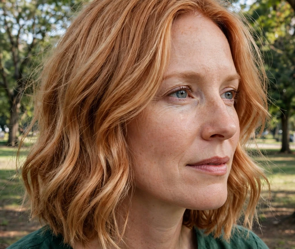 Woman with fine strawberry blonde hair in a medium bob with natural movement