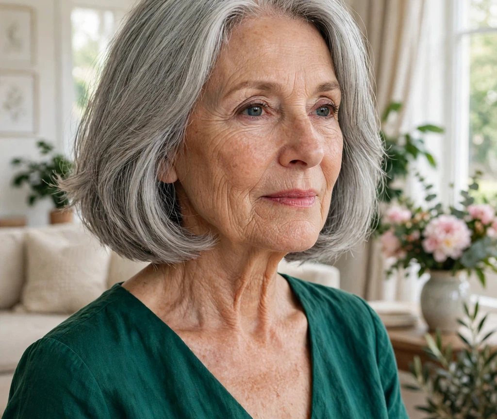 Elegant silver-gray medium bob haircut on a graceful woman in her early sixties