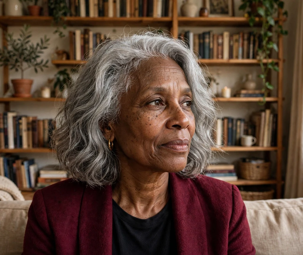 Classic silver chin-length medium bob on a woman in her late fifties