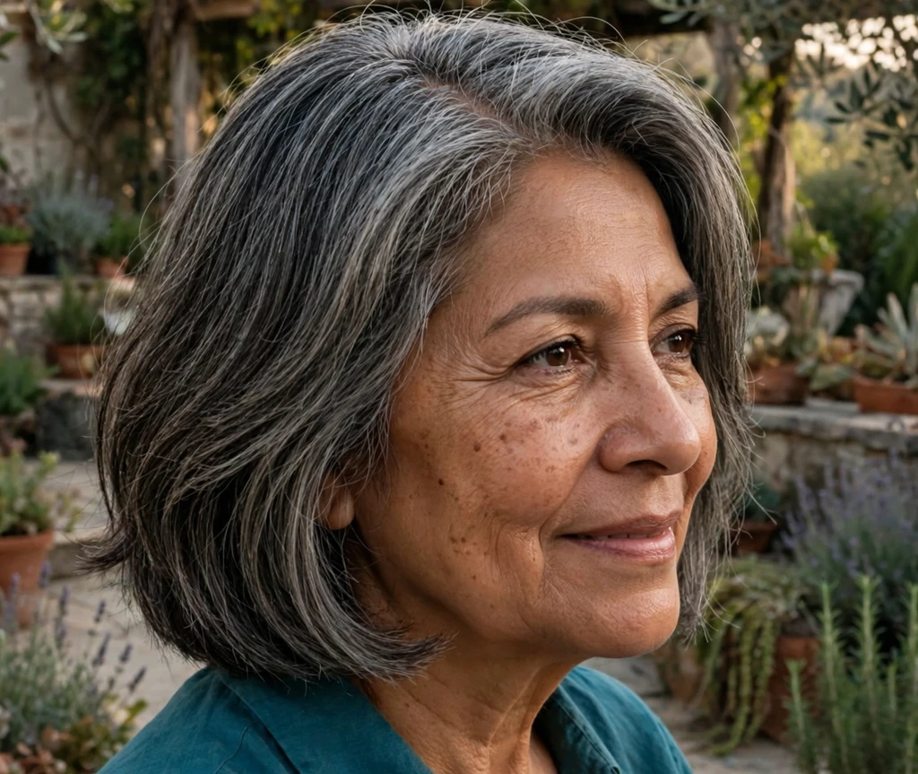 Salt-and-pepper layered medium bob with a deep side sweep on a woman in her early sixties