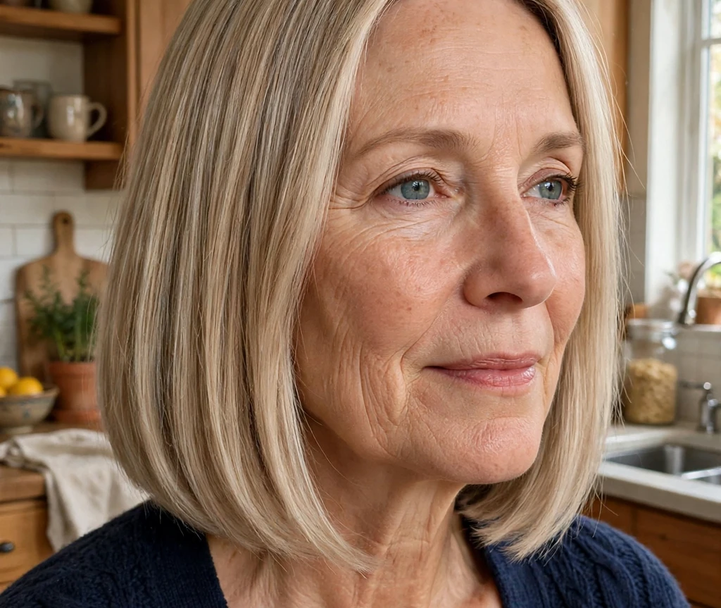 Straight ash-blonde blunt medium bob with a center part on a woman in her mid-fifties
