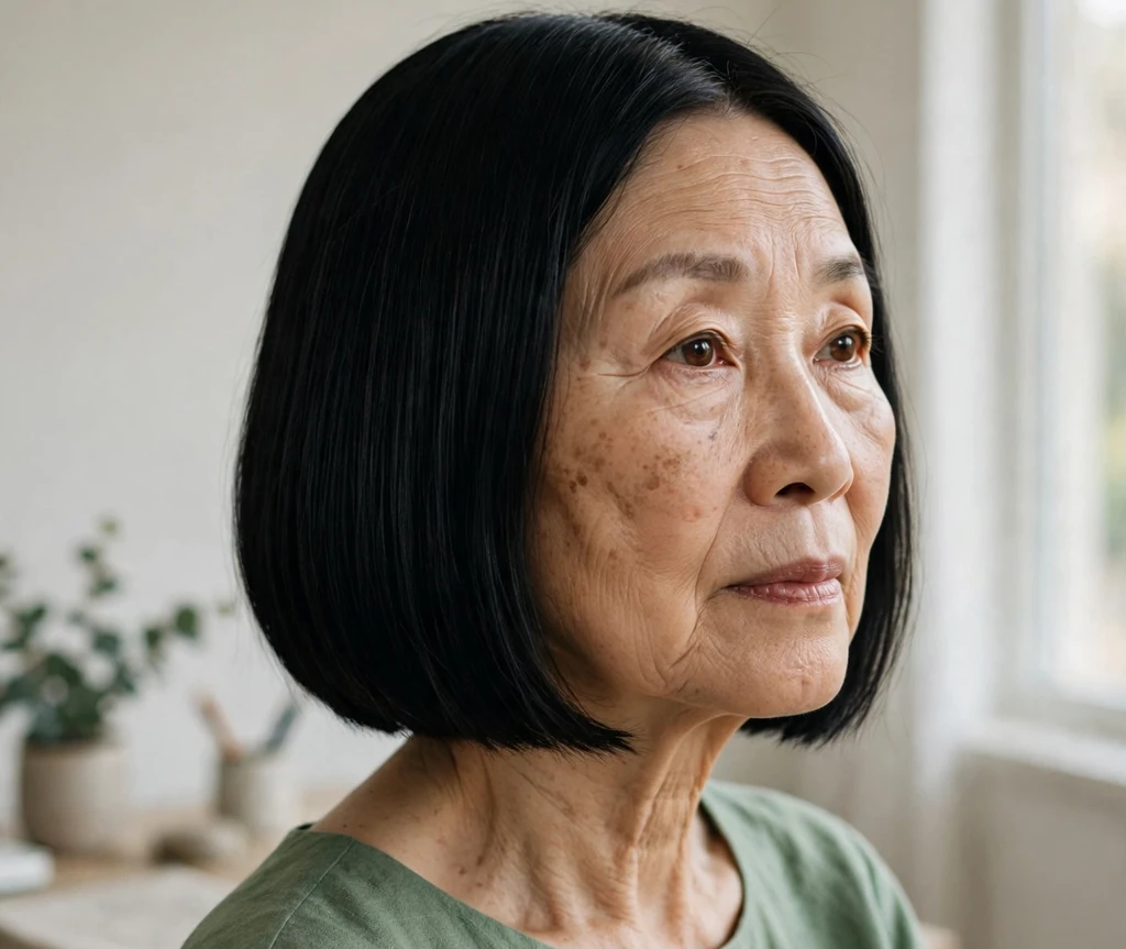 Sleek jet-black blunt medium bob on an East Asian woman in her late sixties