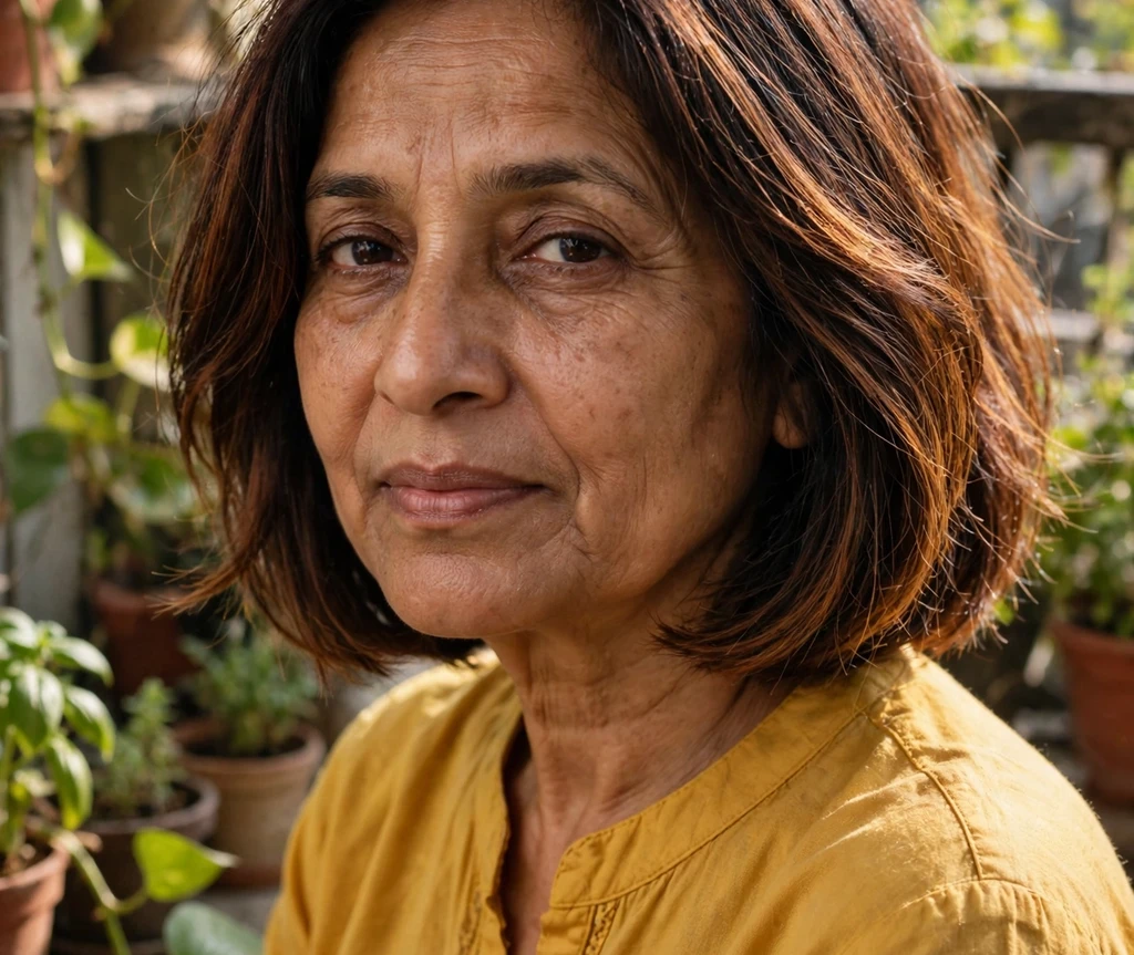 Dark brown medium bob with copper balayage and soft texture on a South Asian woman in her early fifties