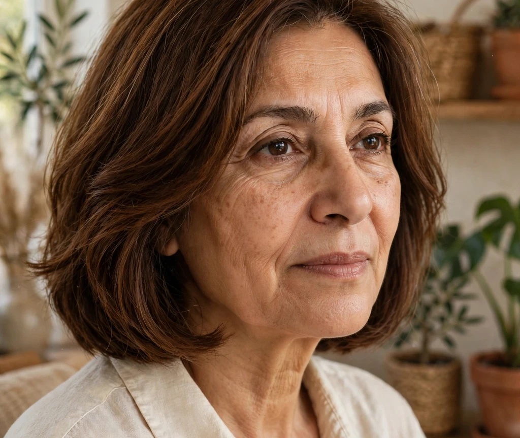 Warm chestnut medium bob with face-framing layers on a Middle Eastern woman in her late fifties