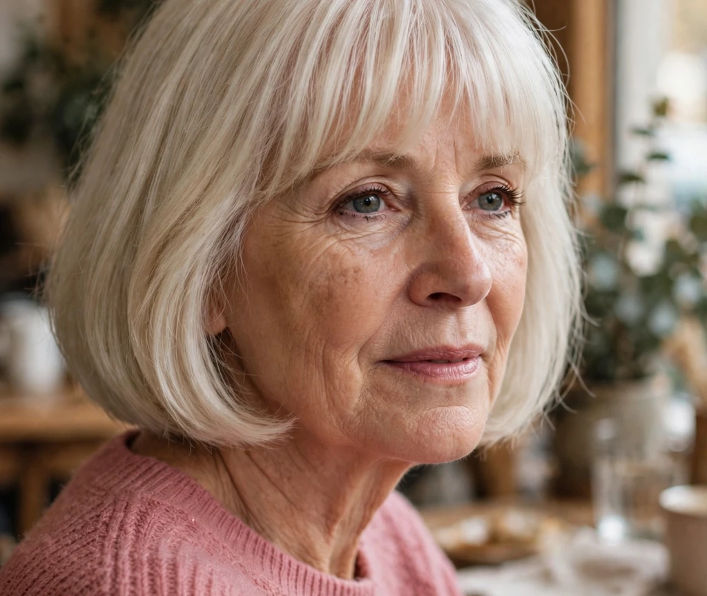 White-blonde medium bob with soft bangs on a woman in her mid-sixties