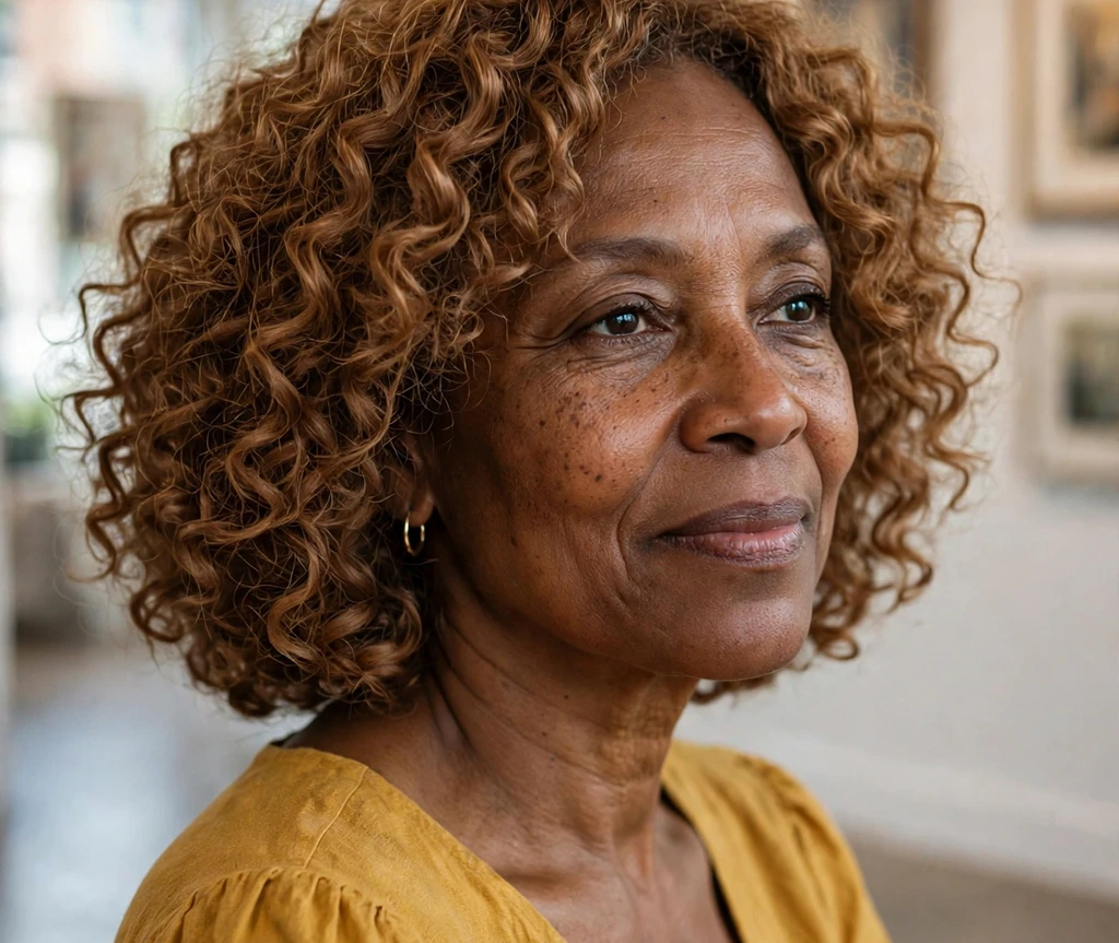 Honey-brown curly medium bob with bouncy ringlets on a Black woman in her late fifties