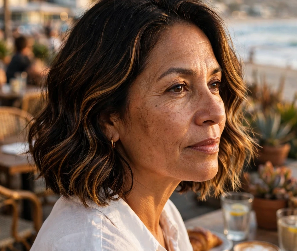 Espresso wavy medium bob with caramel highlights on a Latina woman in her early fifties