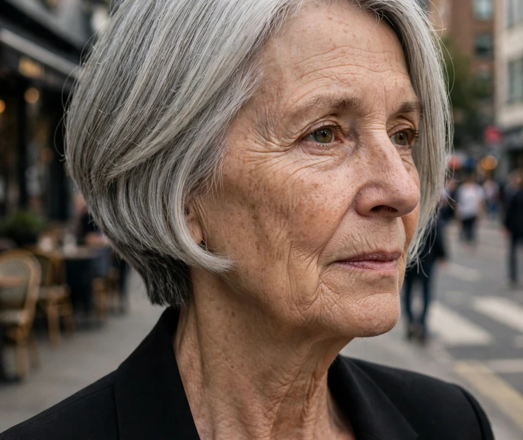 Straight silver inverted medium bob with a stacked nape on a woman in her mid-sixties