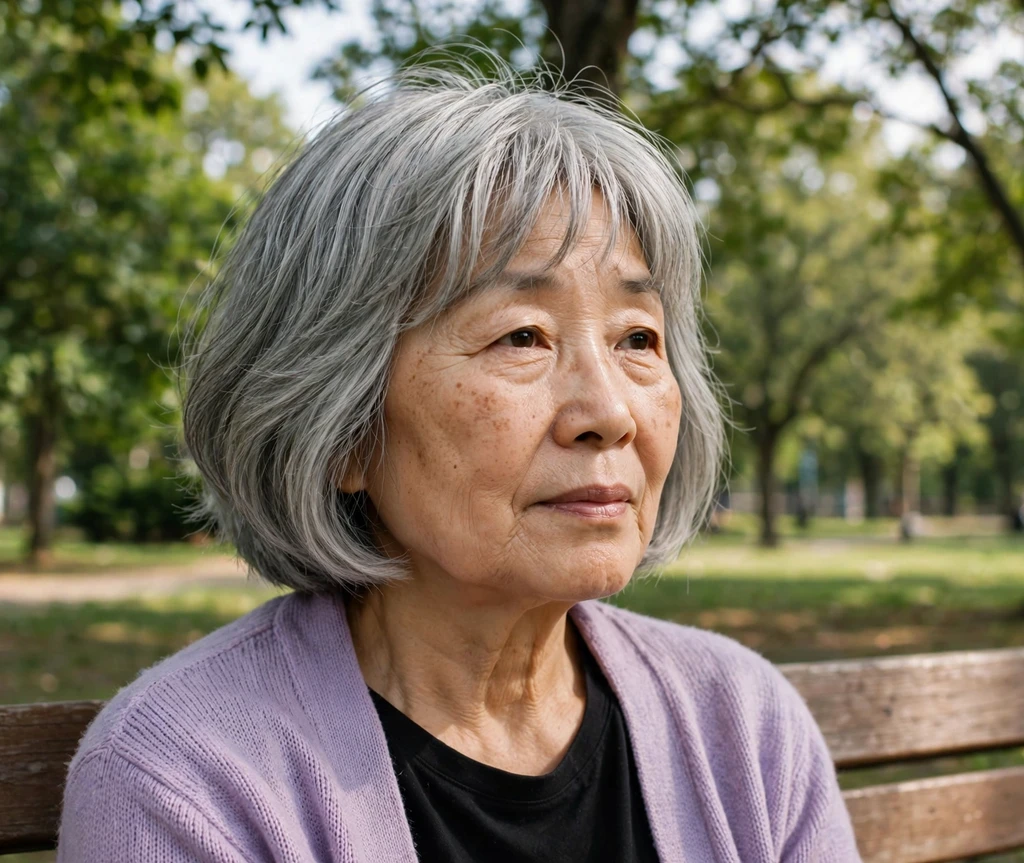 Silver-gray layered medium bob with wispy bangs on an East Asian woman in her early sixties