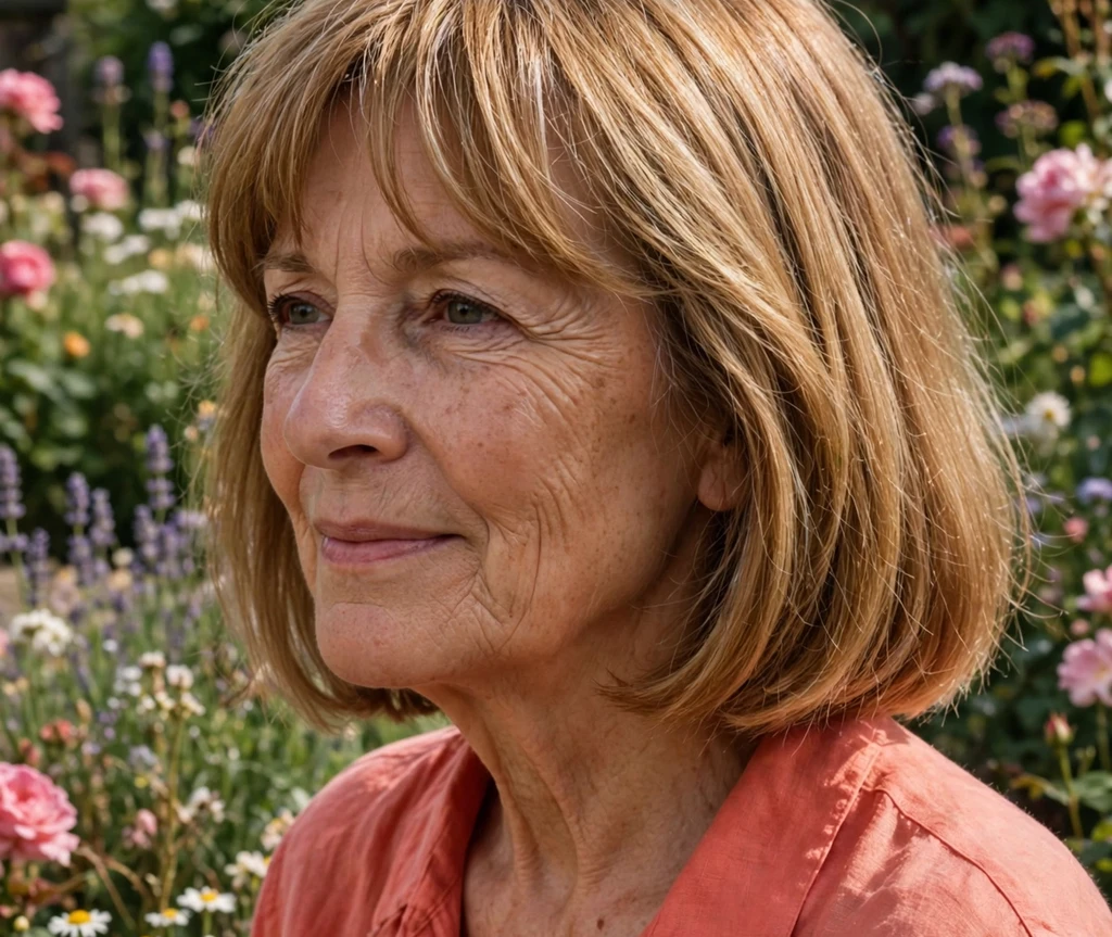 Golden-brown medium bob with curtain bangs on a woman in her early sixties