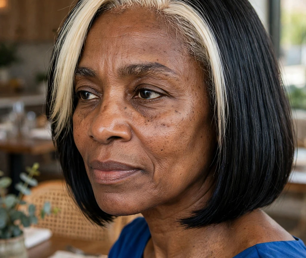 Sleek black medium bob with a platinum money piece on a Black woman in her mid-fifties