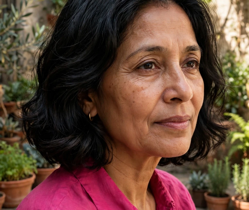 Raven-black wavy medium bob with glossy shine on a South Asian woman in her early fifties
