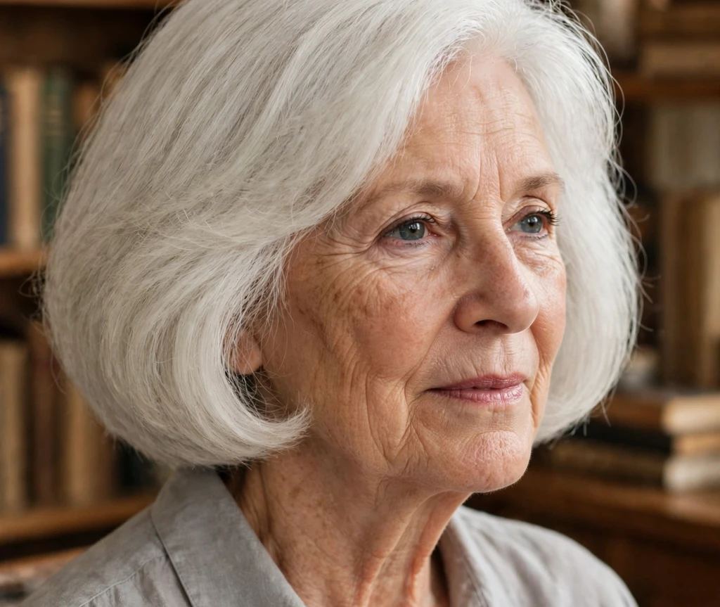 Voluminous white medium bob with a rounded shape on a woman in her late sixties