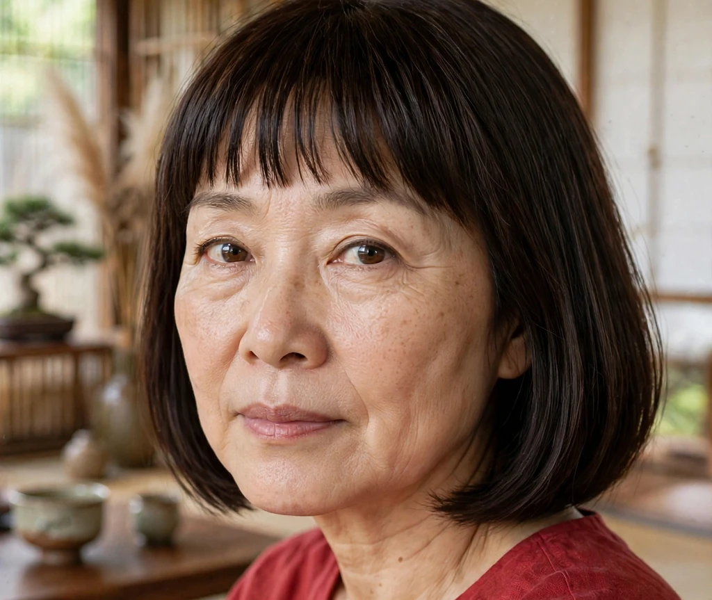 Dark-brown medium bob with straight-across bangs on an East Asian woman in her late fifties