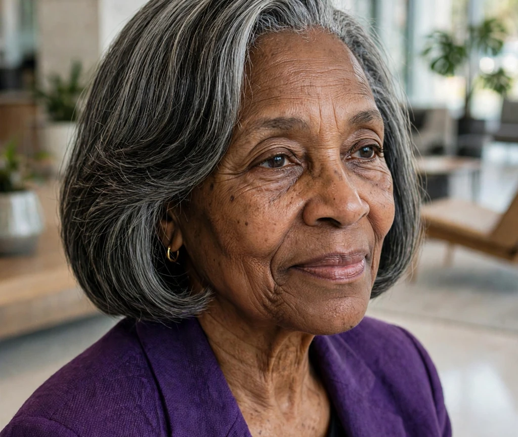 Gray-blended medium bob with a deep side part on a Black woman in her mid-sixties