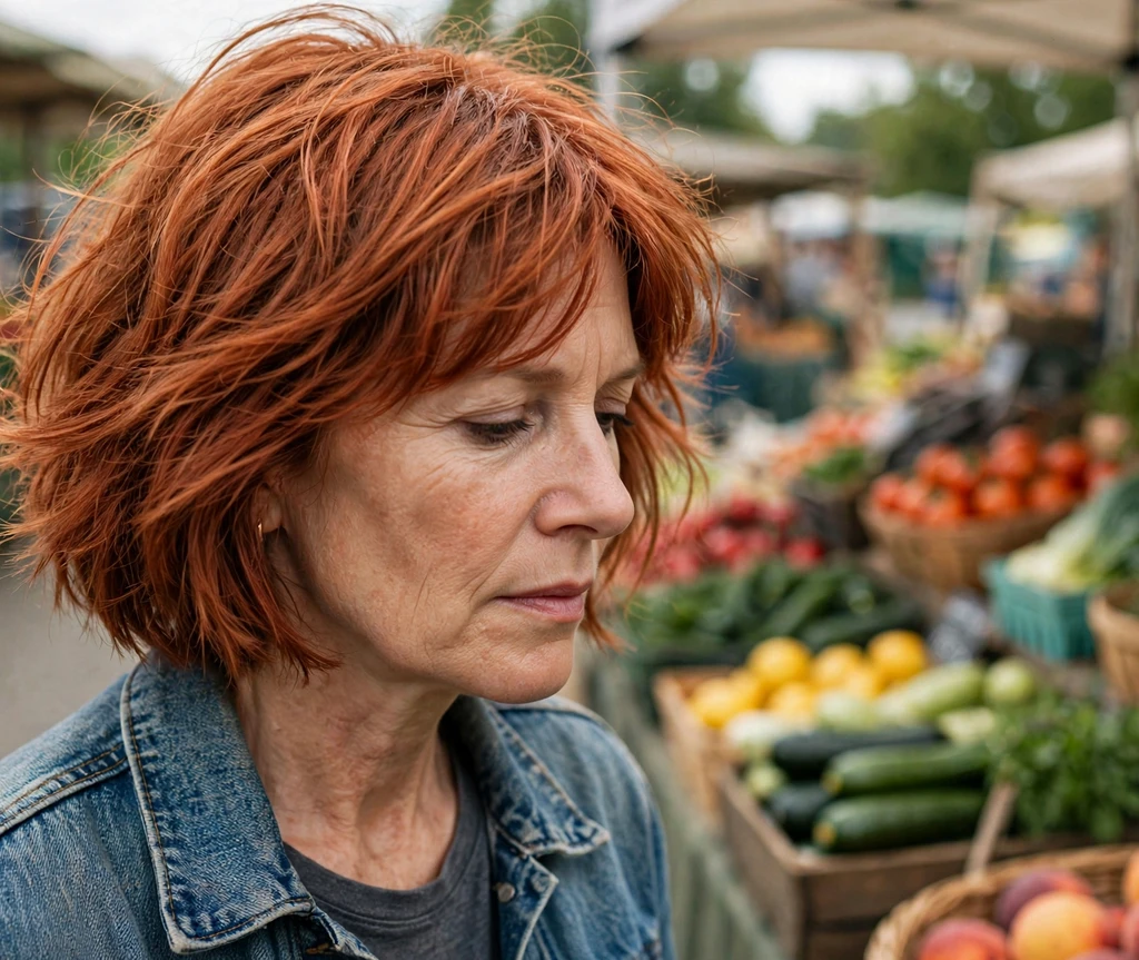 Textured copper-red medium bob with tousled layers on a woman in her early fifties