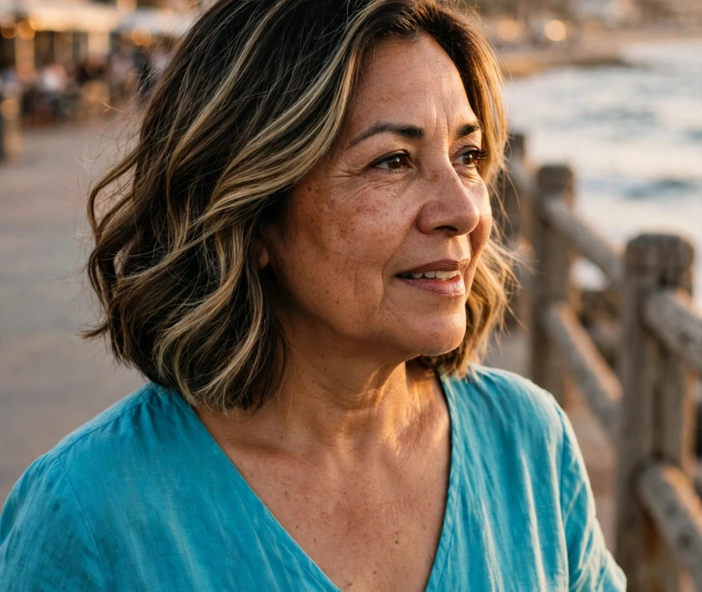 Dark-brown medium bob with blonde balayage and soft waves on a Latina woman in her late fifties