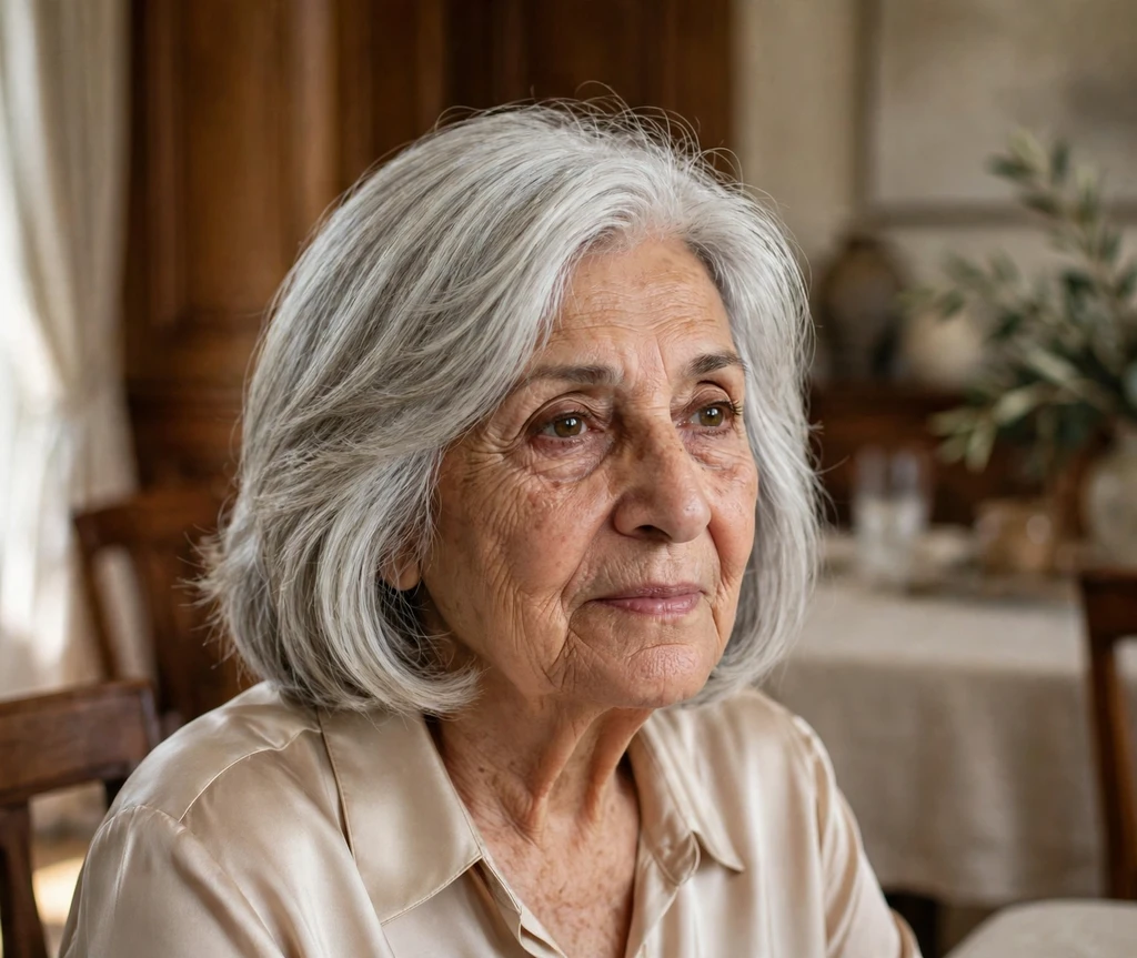 Silver-white layered medium bob with soft shape on a Middle Eastern woman around seventy