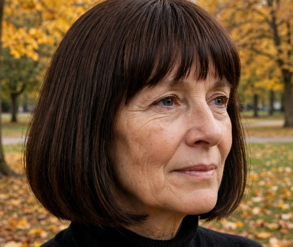 Dark chocolate medium bob with full straight bangs on a woman in her mid-fifties