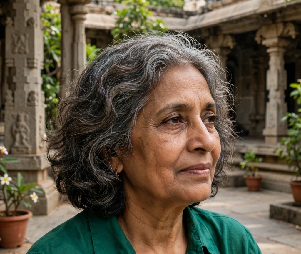 Salt-and-pepper wavy medium bob with natural volume on a South Asian woman in her early sixties