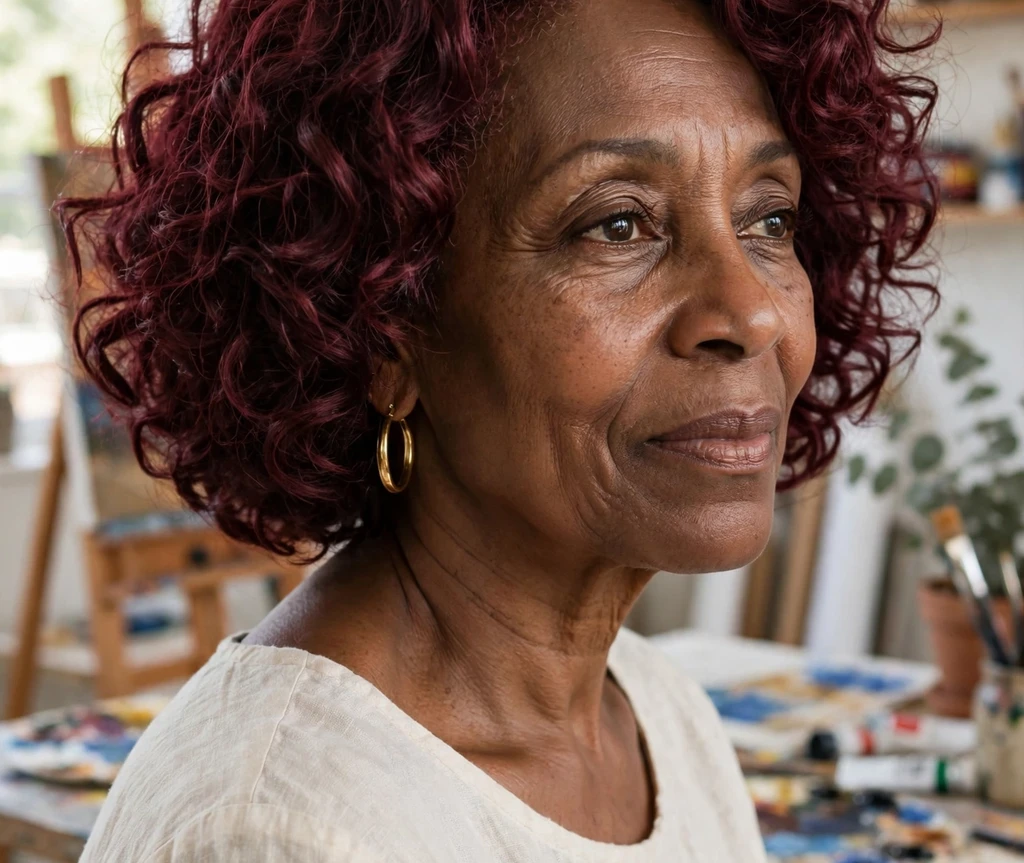Burgundy curly medium bob with lively ringlets on a Black woman in her late fifties